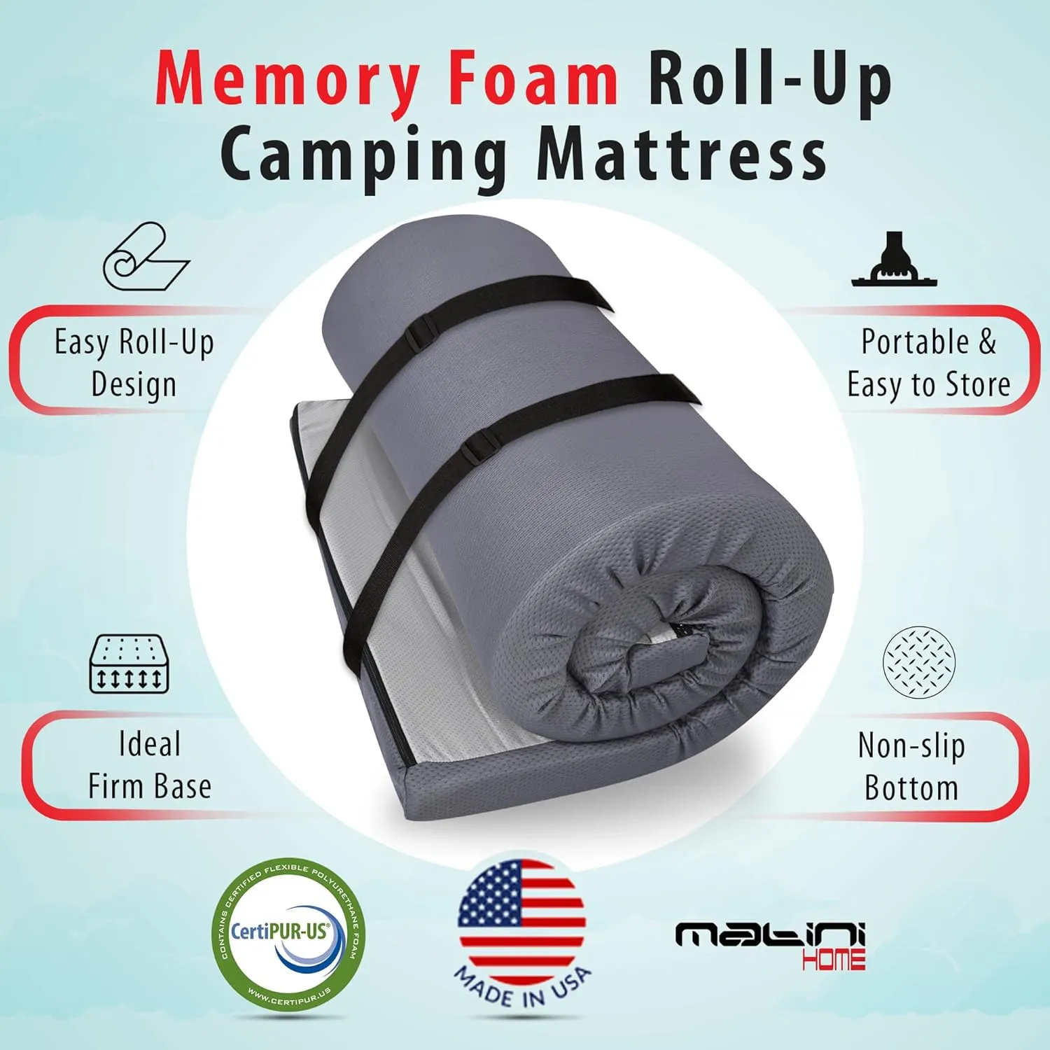 3" x 26" x 72" Memory Foam Roll-Up Camping Mattress with Water Resistant Zipper Cover, Foldable and Portable for Camping, RV Bunk, Tent, Guest Bed, Outdoor and Dorm