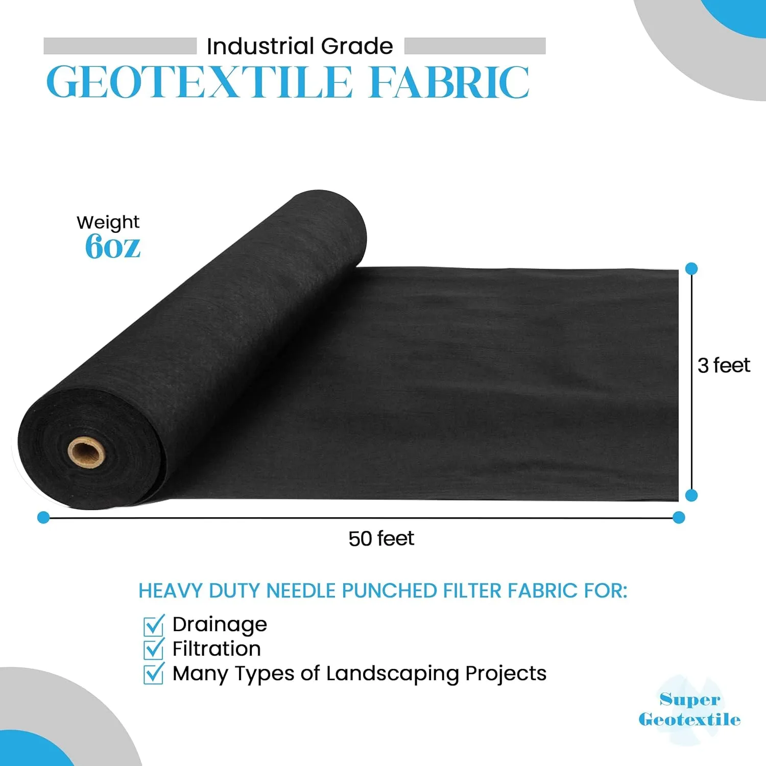 4, 6, 8 oz Non Woven Fabric for Landscaping, French Drains, Underlayment, Erosion Control, Construction Projects - 6 oz (3X50)