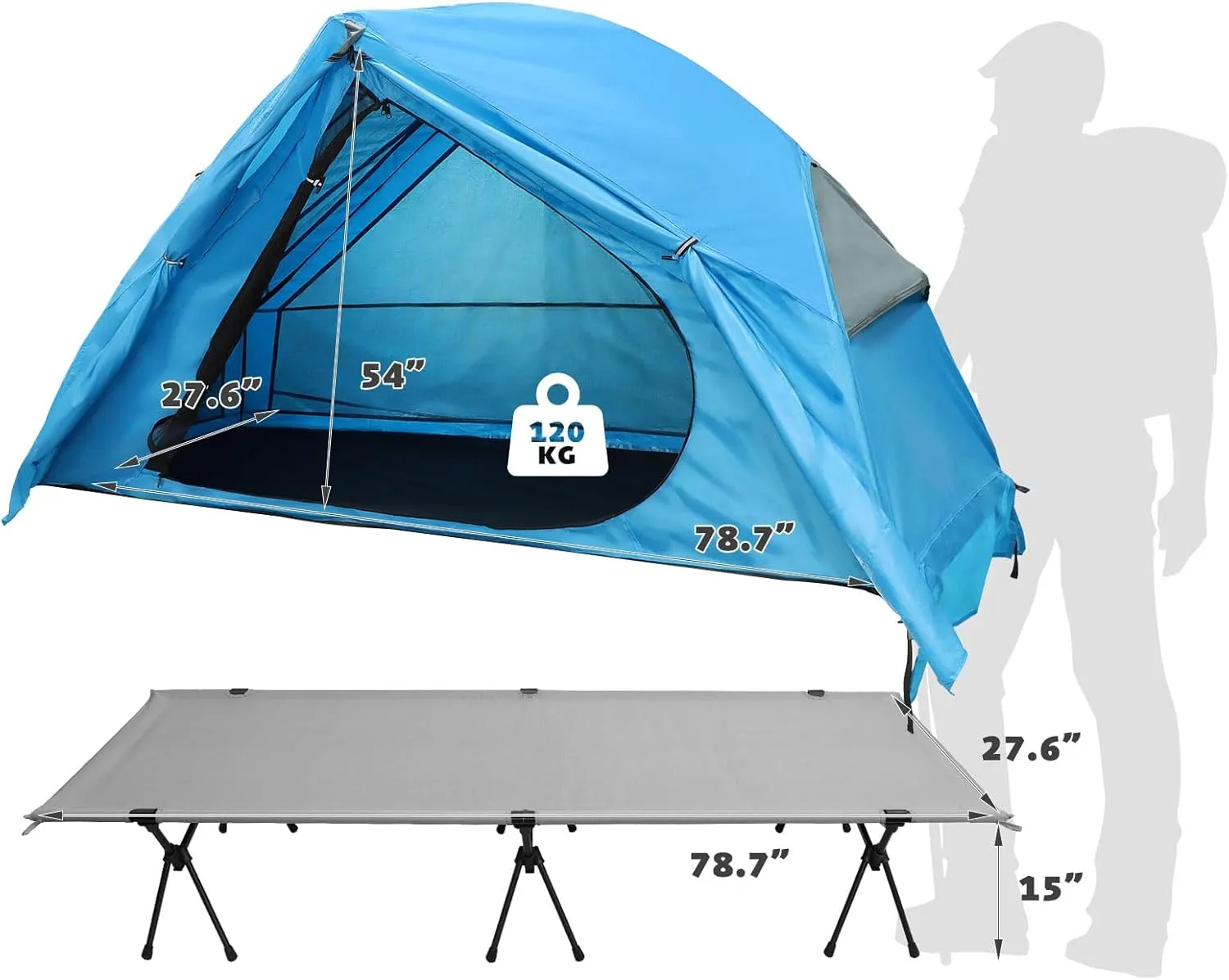 4-in-1 Camping Cot Tent, Foldable Elevated Tent Set for 1 Person to Use, Elevated Camping Bed Tent for Outdoor Hiking, Camping