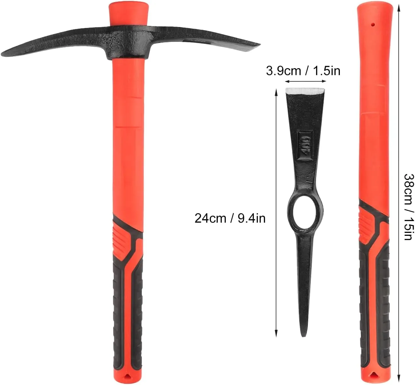 4 PCS 15 Inch Pick Mattock Hoe, Forged Weeding Garden Pick Axe with Fiberglass Handle, Pick Mattock Hoe for Loosening Soil, Gardening, Camping, by GENHAKON.