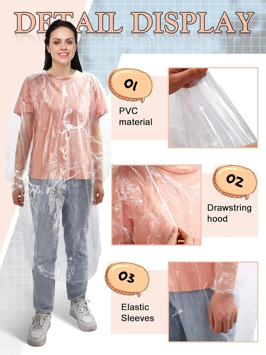 40 Pack Disposable Rain Ponchos for Adults Disposable Ponchos Pack with Drawstring Hood Elastic Sleeves Raincoat for Camping