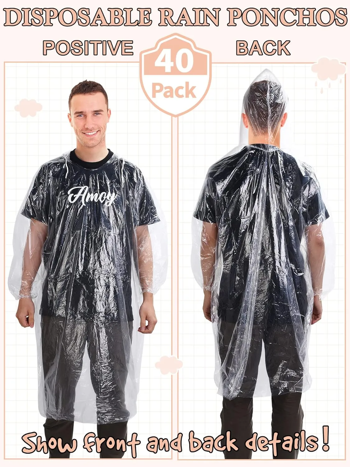 40 Pack Disposable Rain Ponchos for Adults Disposable Ponchos Pack with Drawstring Hood Elastic Sleeves Raincoat for Camping