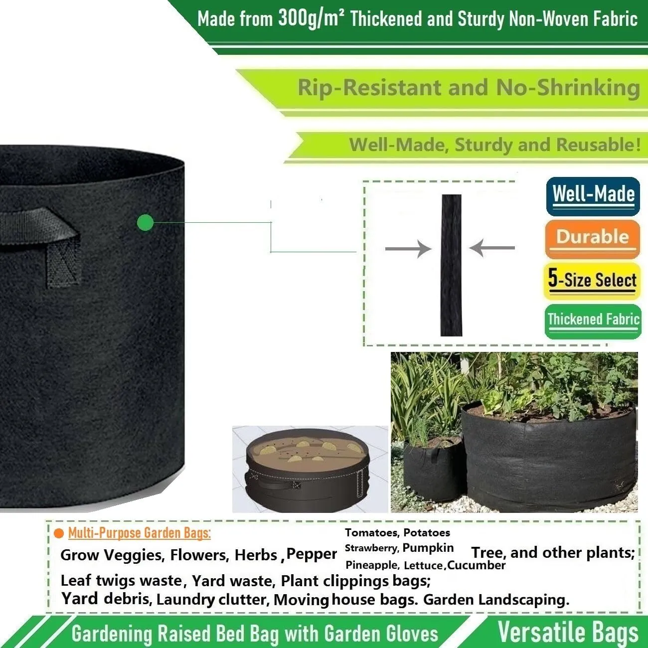400 Gallon Large Raised Garden Bed Bag (70x24 inch) Big Garden Bag Sturdy Plant Grow Bag for Potato Planter,Herb Veggies,Tomato Planter Bag,Flower Bed,Yard Waste Bag,Lawn Debris Bag,Leaf Bag W/ Gloves