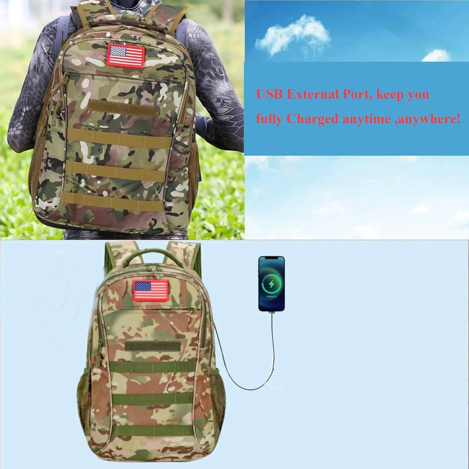 40L Camo Tactical Backpack Molle Military Backpack,3 Day Assault Pack Bag Rucksack,Army Bookbag Waterproof Gym Daypack W/USB Port For Travel Hiking Trekking Camping Hunting