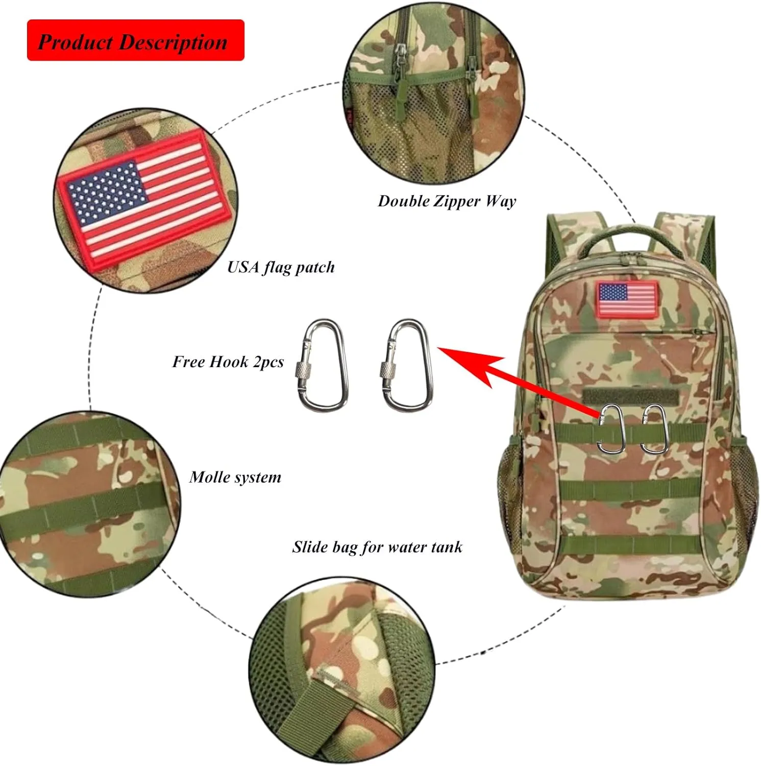 40L Camo Tactical Backpack Molle Military Backpack,3 Day Assault Pack Bag Rucksack,Army Bookbag Waterproof Gym Daypack W/USB Port For Travel Hiking Trekking Camping Hunting