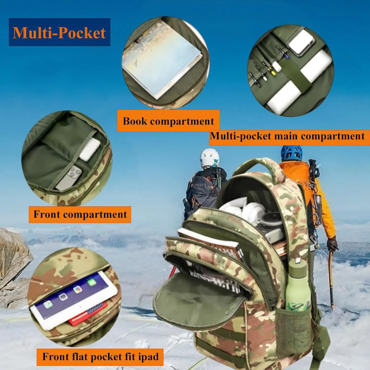 40L Camo Tactical Backpack Molle Military Backpack,3 Day Assault Pack Bag Rucksack,Army Bookbag Waterproof Gym Daypack W/USB Port For Travel Hiking Trekking Camping Hunting