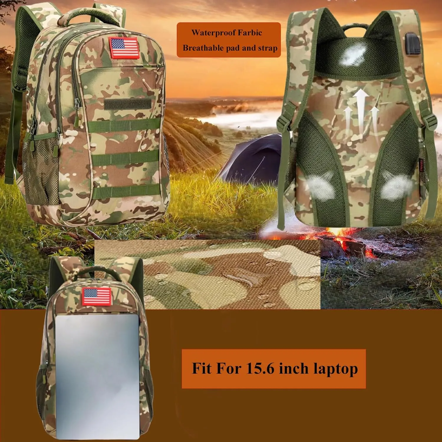 40L Camo Tactical Backpack Molle Military Backpack,3 Day Assault Pack Bag Rucksack,Army Bookbag Waterproof Gym Daypack W/USB Port For Travel Hiking Trekking Camping Hunting