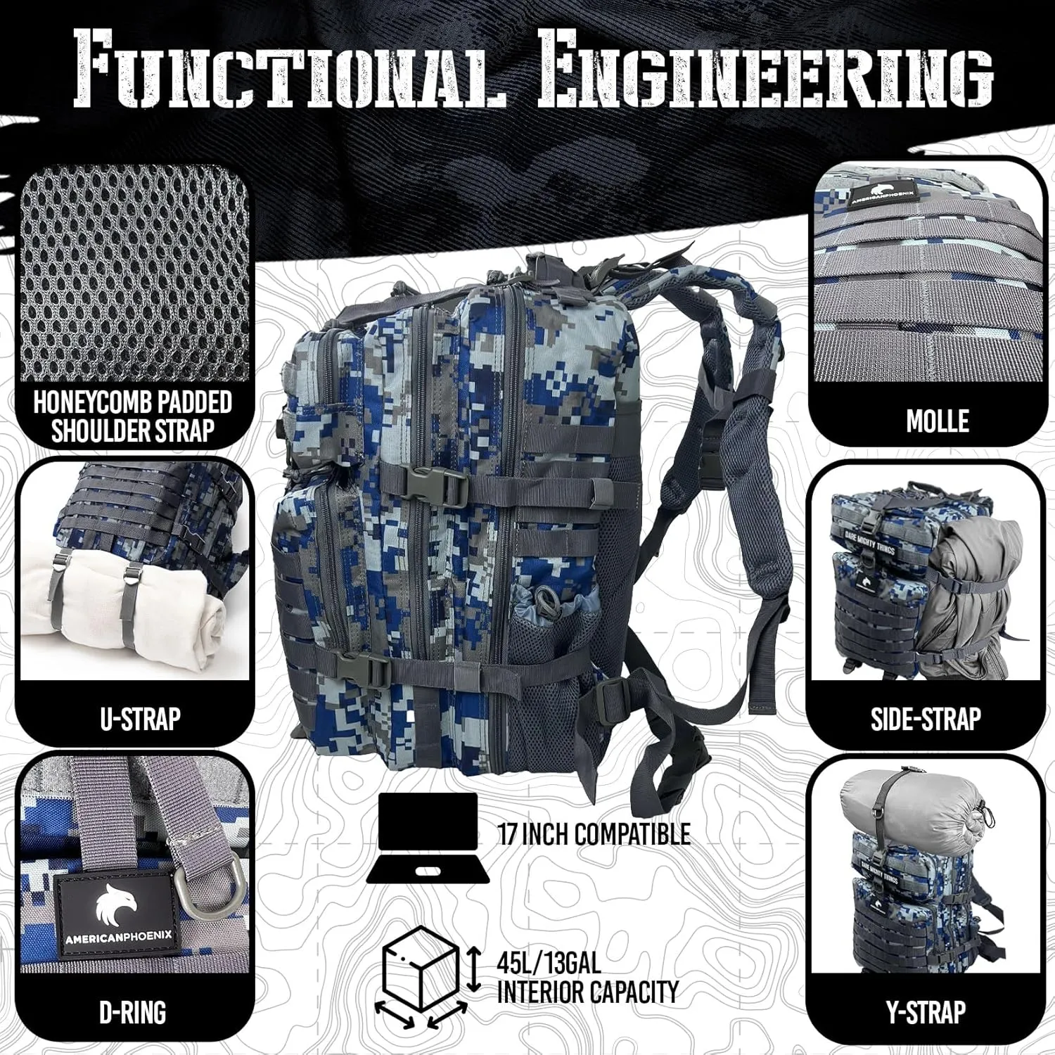45L Elite Tactical Backpack | 3X Stronger Work & Military Backpack | Water Resistant and Heavy Duty | 3 Day MOLLE Bug Out Bag (Blue Jay)