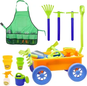 4E's Novelty 15 Piece Gardening Tools & Wagon Toy Set with Plastic Wheelbarrow, Apron, STEM Pretend Play Outdoor Toy for Toddlers Kids Boys Girls