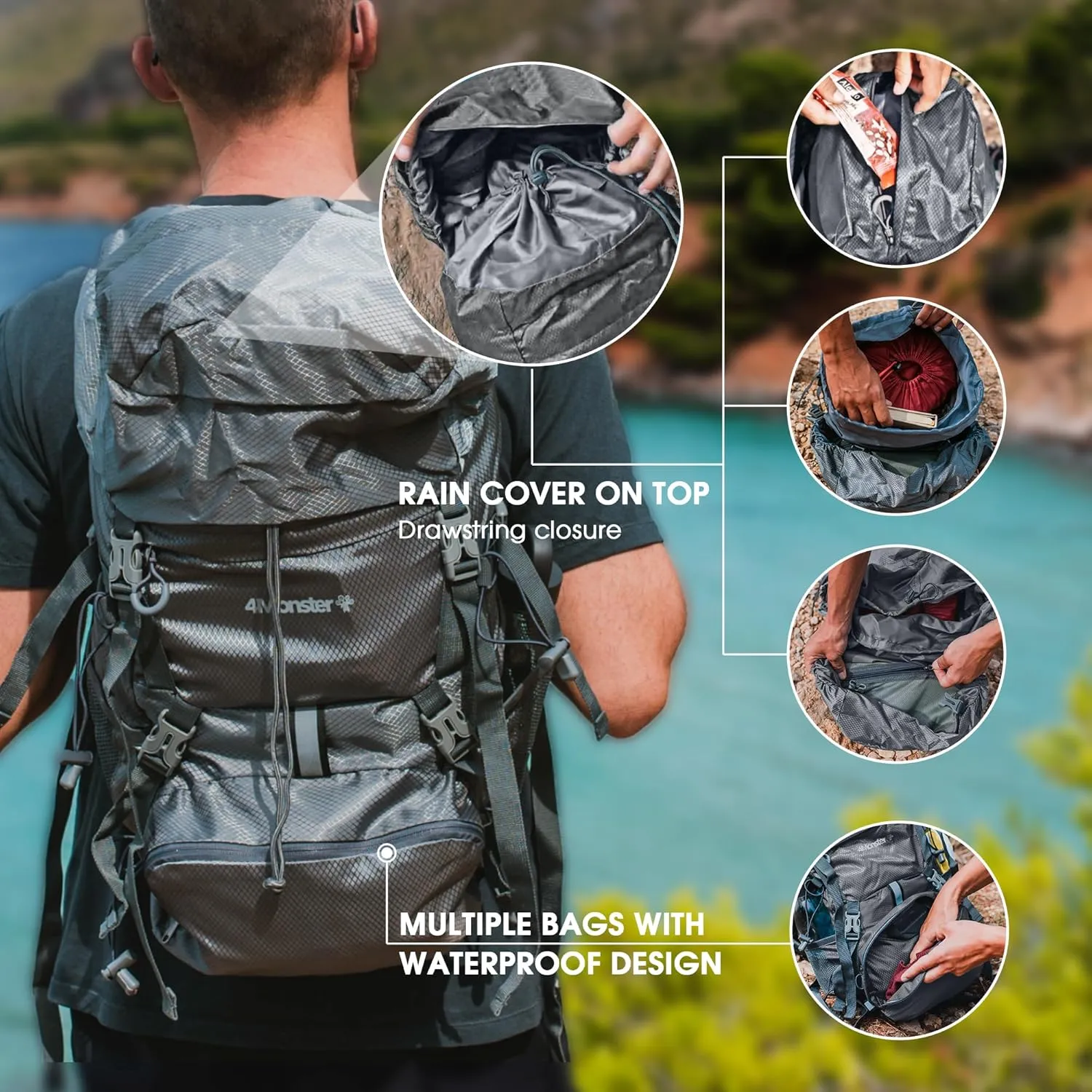 4Monster Portable Hiking Backpack,Lightweight Packable Hiking Daypack,Water Resistant Carry on Backpack for Travel Camping Outdoor (32L, Black)