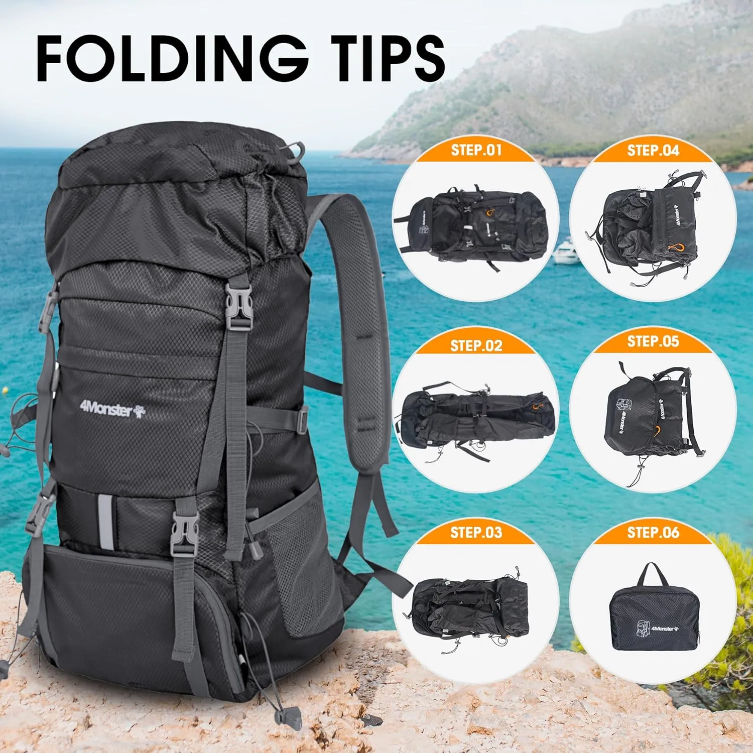 4Monster Portable Hiking Backpack,Lightweight Packable Hiking Daypack,Water Resistant Carry on Backpack for Travel Camping Outdoor (32L, Black)