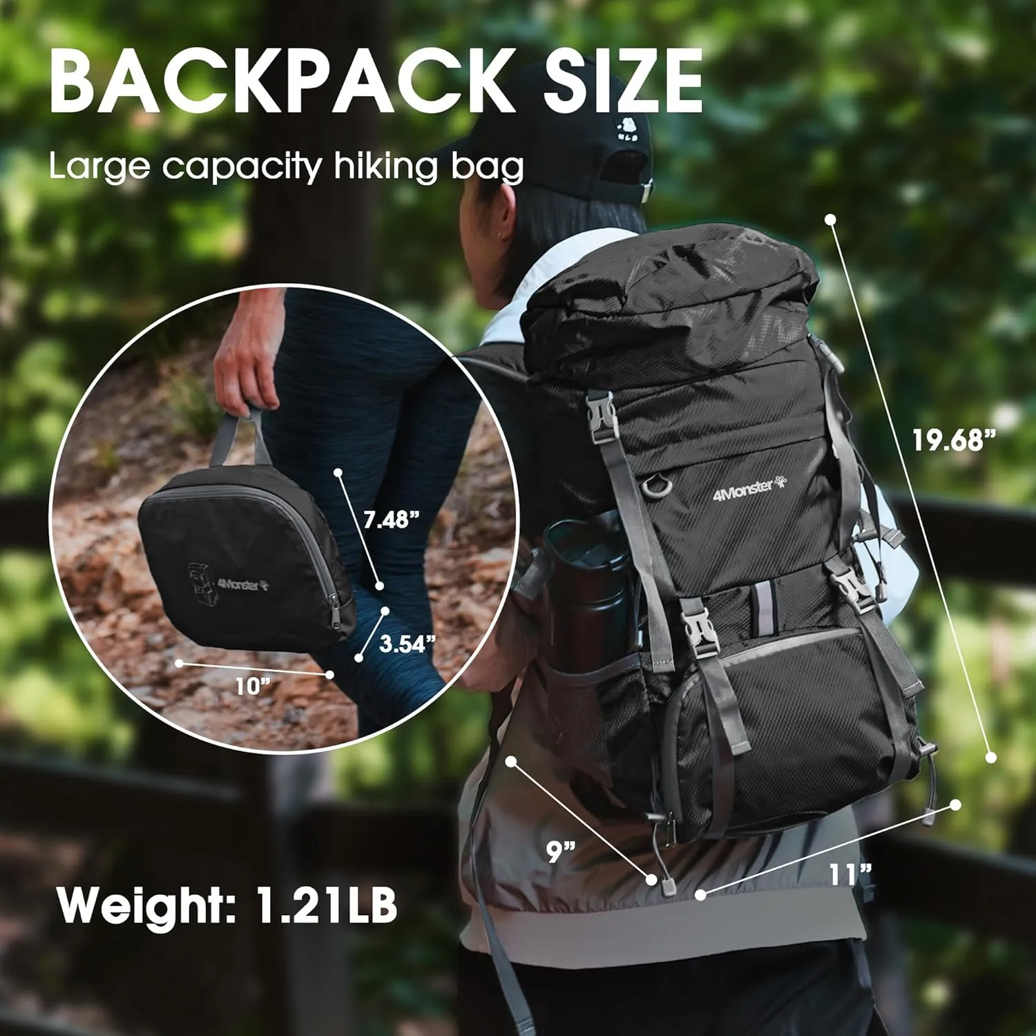 4Monster Portable Hiking Backpack,Lightweight Packable Hiking Daypack,Water Resistant Carry on Backpack for Travel Camping Outdoor (32L, Black)