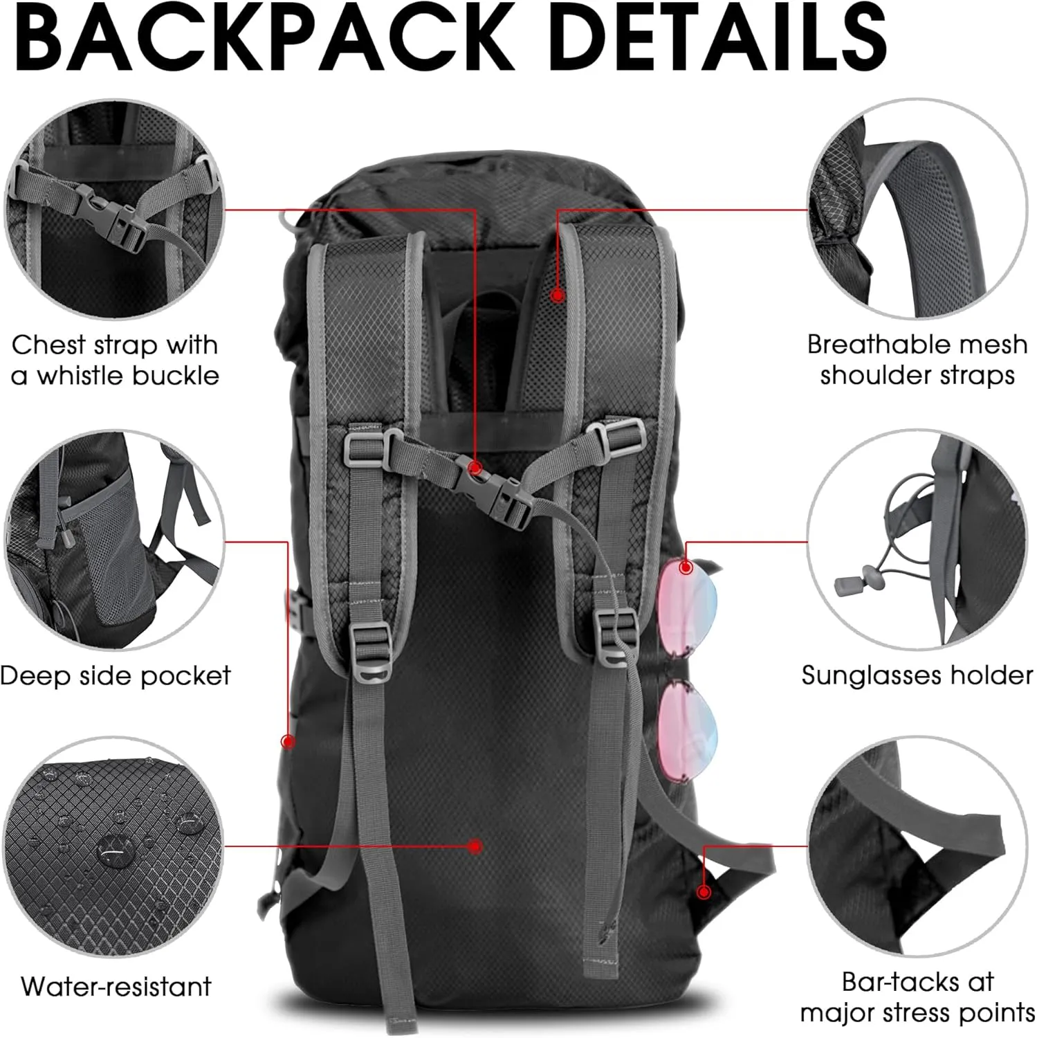 4Monster Portable Hiking Backpack,Lightweight Packable Hiking Daypack,Water Resistant Carry on Backpack for Travel Camping Outdoor (32L, Black)