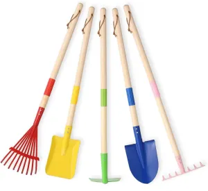 5 PCS 28" Detatchble Kids Gardening Tools, Metal Beach Digging Toys with Sturdy Wooden Handle, Safe Backyard Snow Sensory Playset Including Hoe, Tooth & Leaf Rakes, Flat & Pointed Shovels for Children
