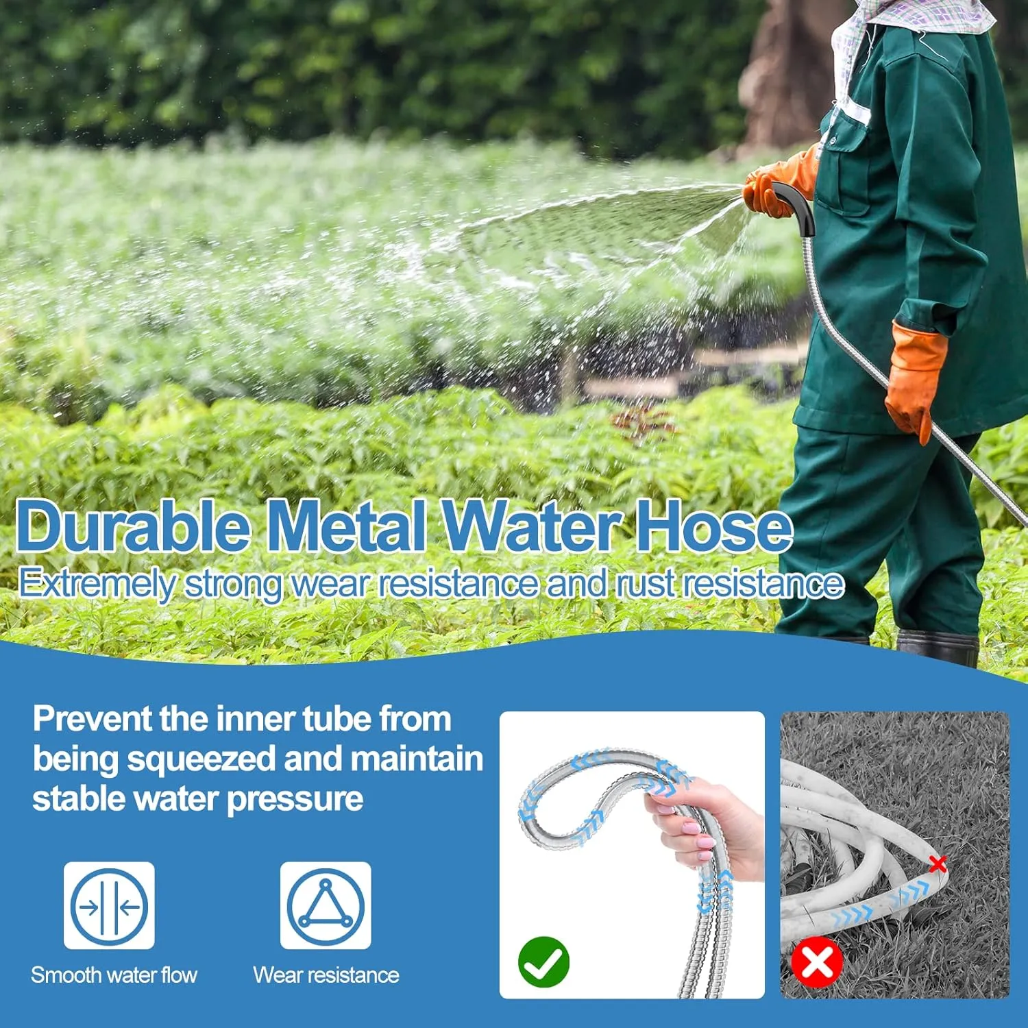 50 FT Garden Hose, 304 Stainless Steel Metal Heavy Duty Flexible Water Pipe, Kink Free, Durable, Lightweight for Yard, Outdoor with Rubber Grip
