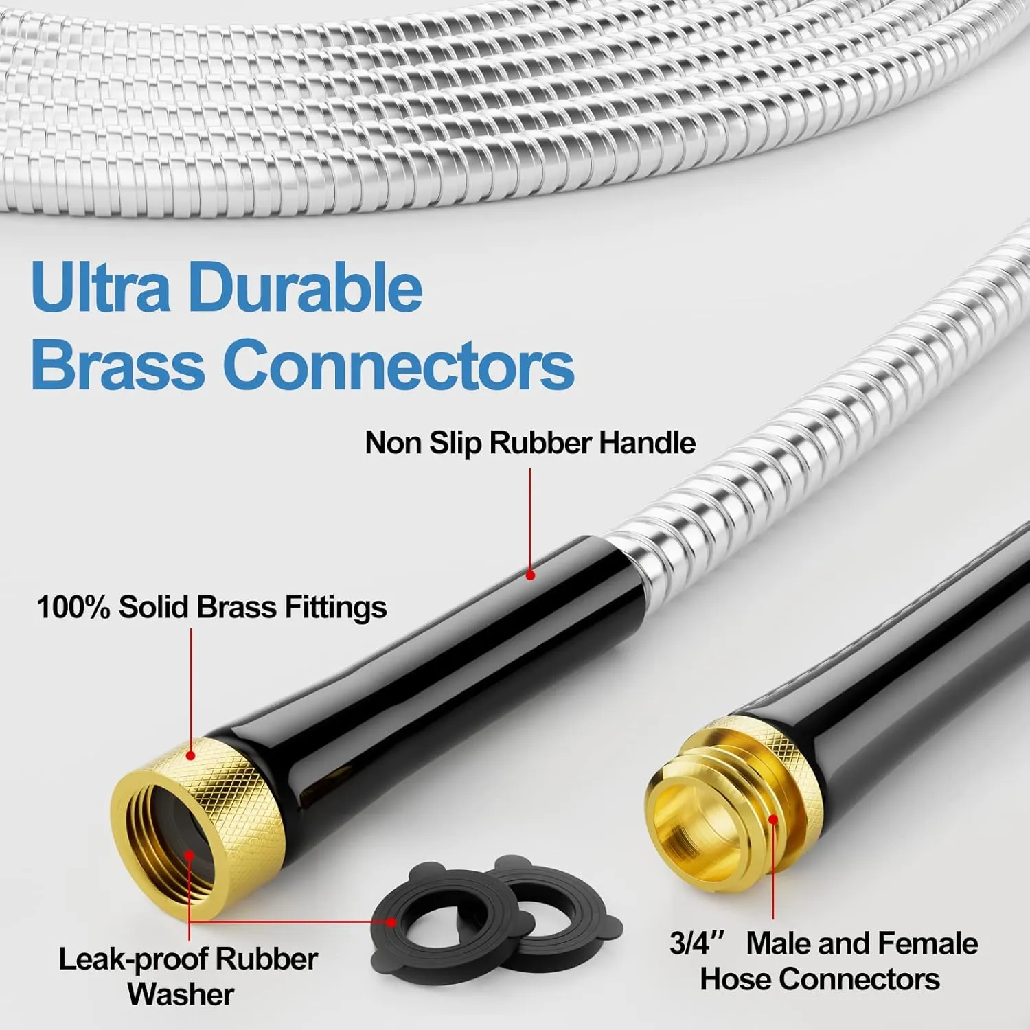 50 FT Garden Hose, 304 Stainless Steel Metal Heavy Duty Flexible Water Pipe, Kink Free, Durable, Lightweight for Yard, Outdoor with Rubber Grip