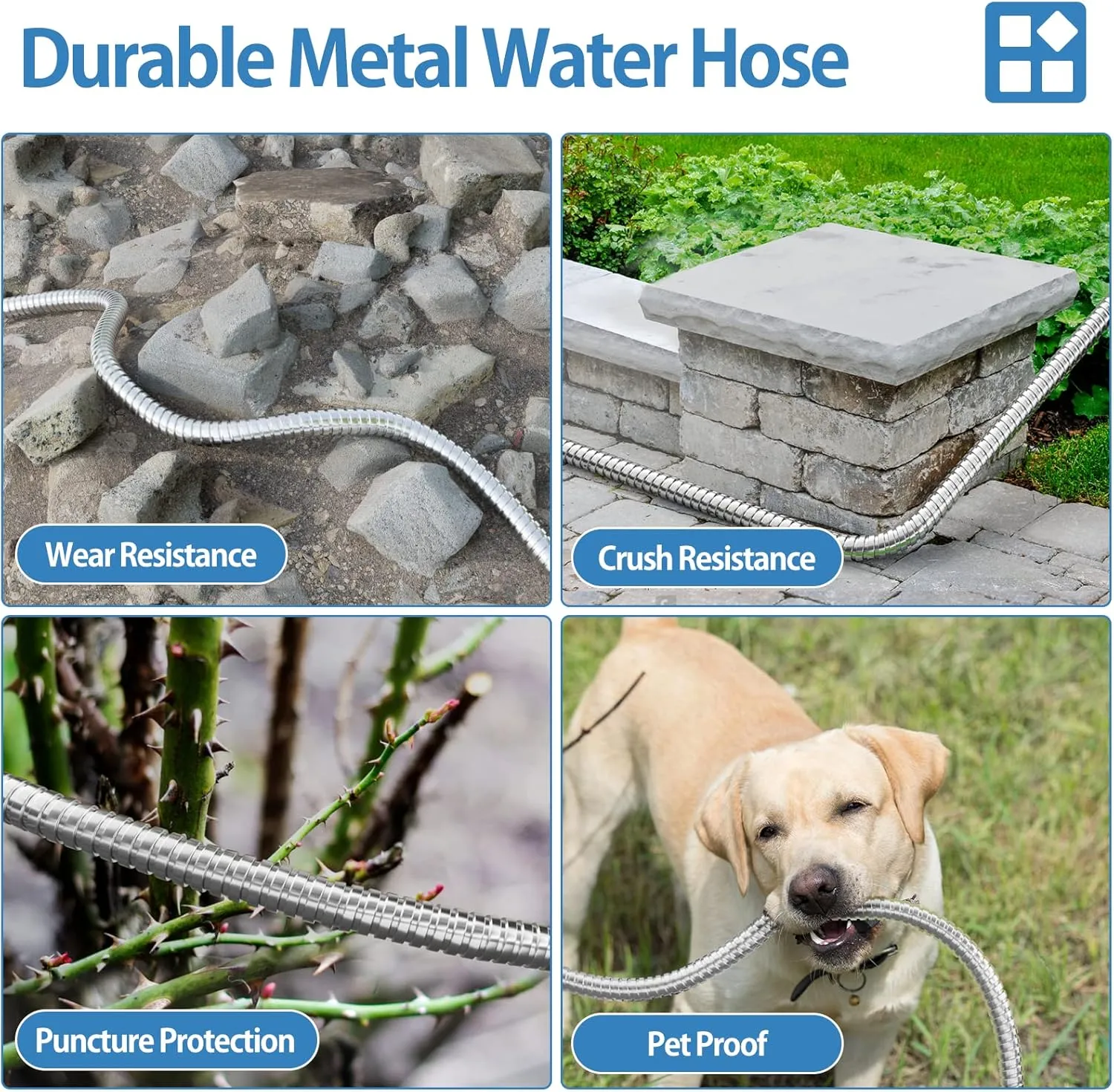50 FT Garden Hose, 304 Stainless Steel Metal Heavy Duty Flexible Water Pipe, Kink Free, Durable, Lightweight for Yard, Outdoor with Rubber Grip