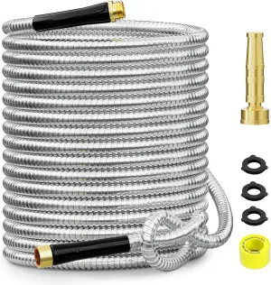 50 FT Garden Hose, 304 Stainless Steel Metal Heavy Duty Flexible Water Pipe, Kink Free, Durable, Lightweight for Yard, Outdoor with Rubber Grip
