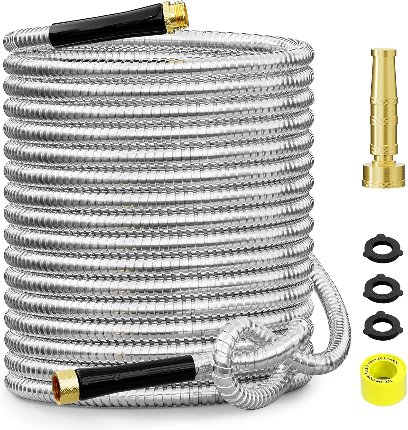 50 FT Garden Hose, 304 Stainless Steel Metal Heavy Duty Flexible Water Pipe, Kink Free, Durable, Lightweight for Yard, Outdoor with Rubber Grip