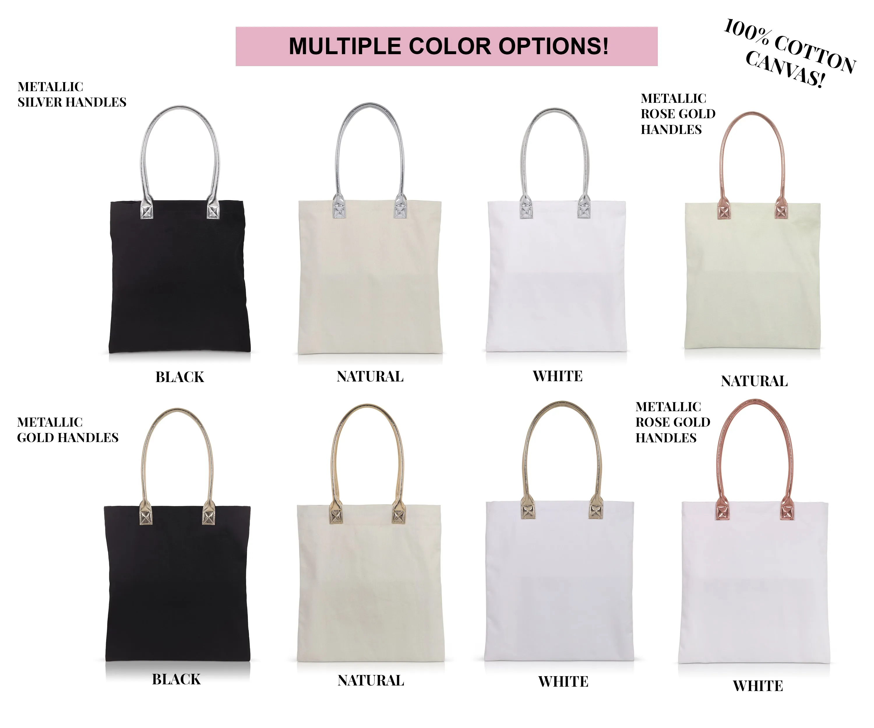 6 pcs White Cotton Canvas Craft Totes with Metallic Handles