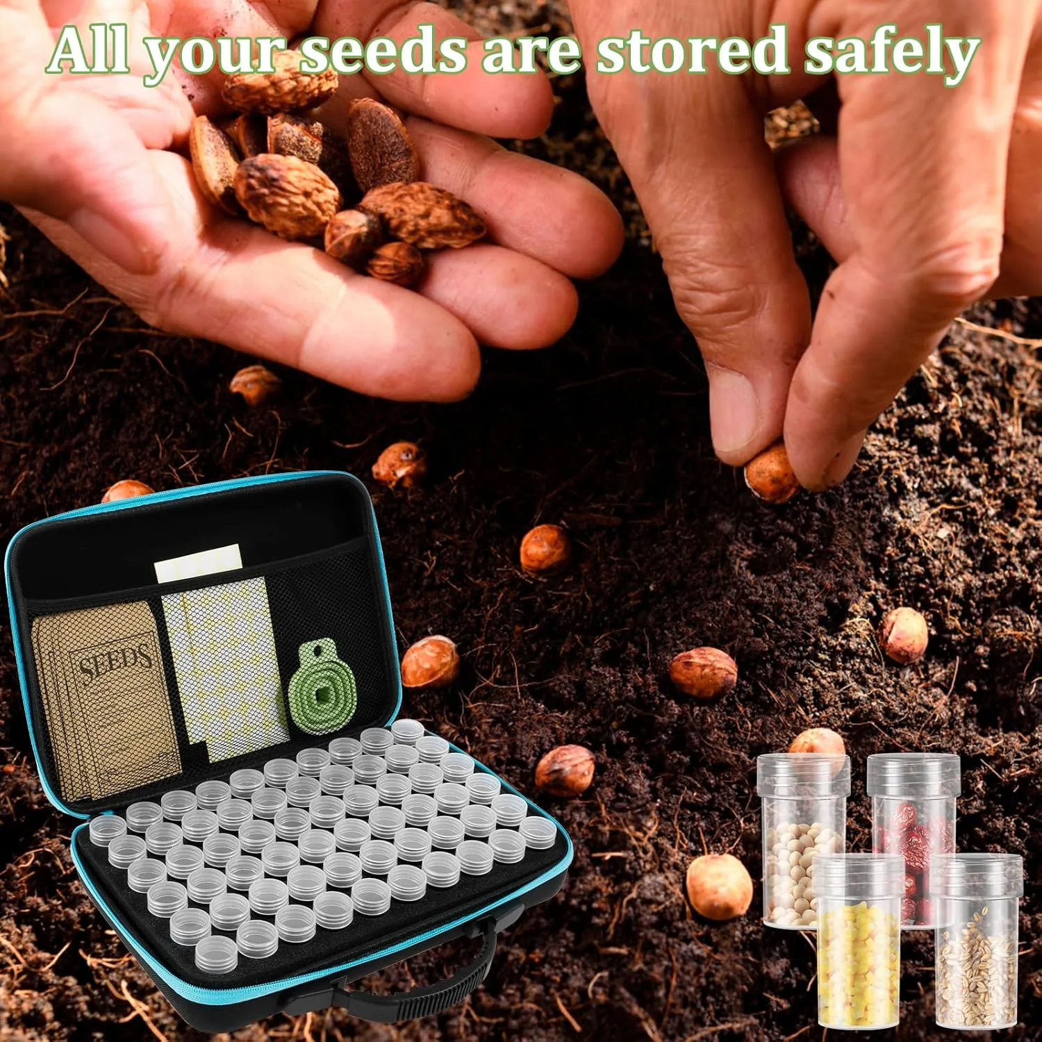 60 Slots Seed Storage Organizer Box with 7 Envelopes, 63 x Label Stickers Garden Seed Organizer with Zipper Bag Storage Container for Vegetable Flower Plants Garden (Blue)