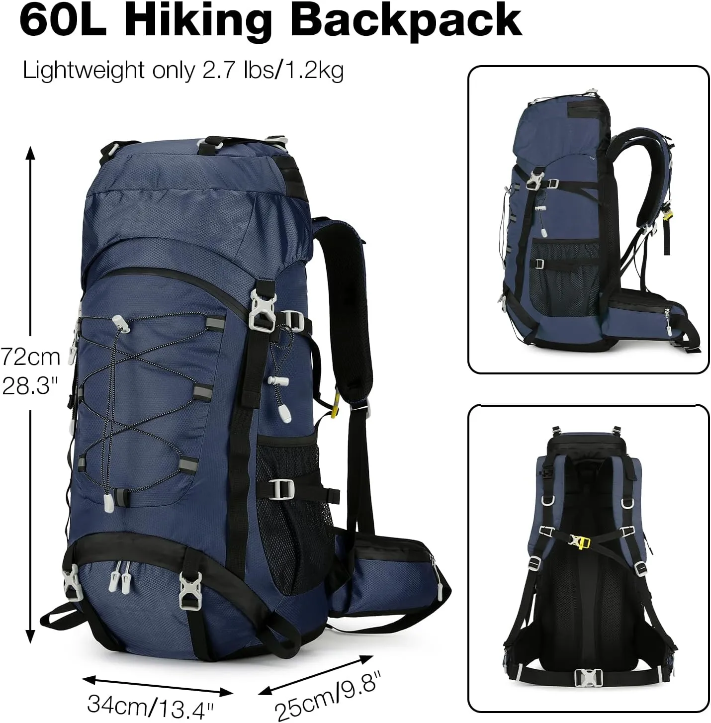 60L Hiking Backpack Men Women, Large Backpacking Backpack Packs, Waterproof Camping Bakcpacks Bag with Rain Cover, Camping Essentials for Trekking Travel, Blue