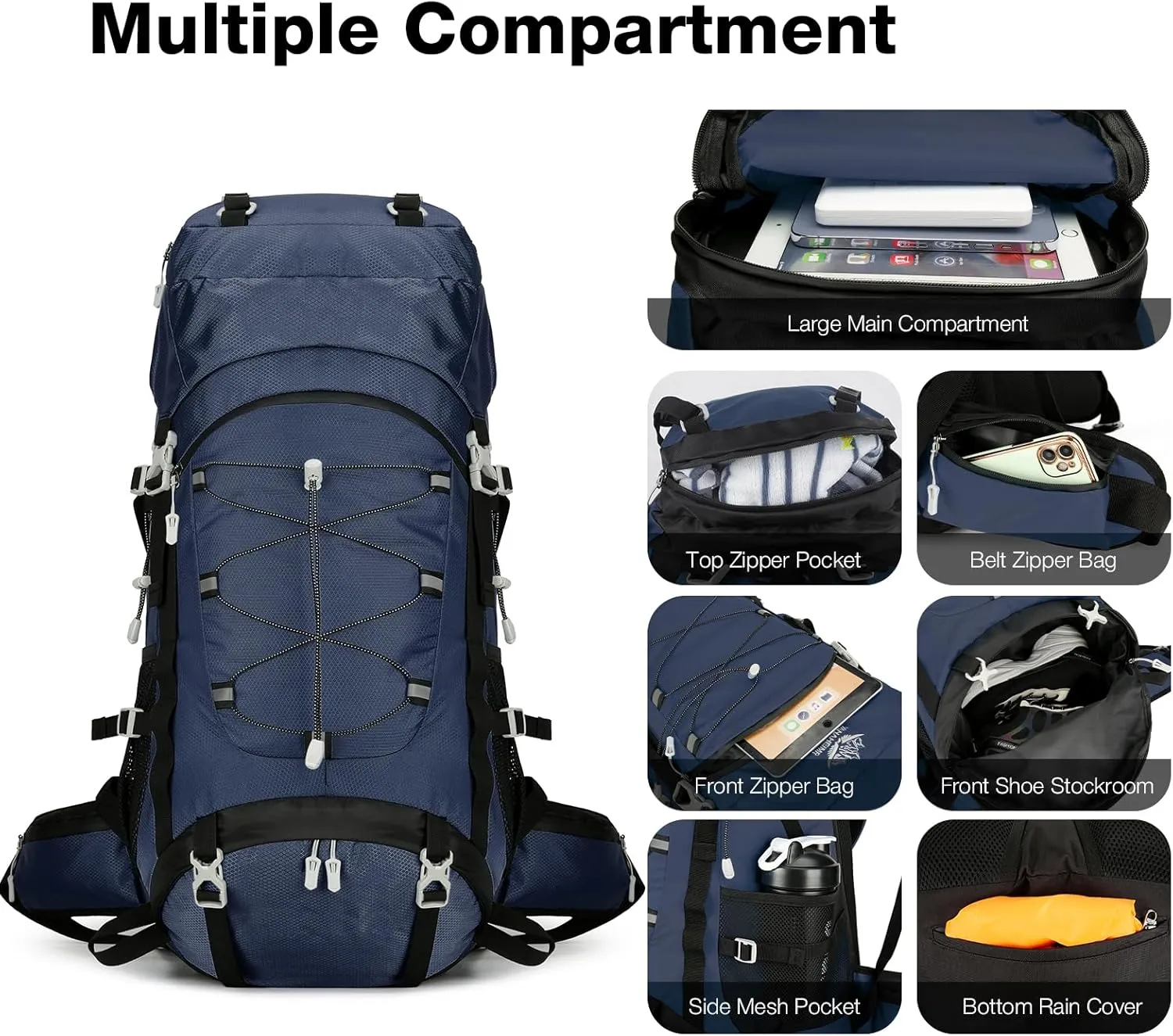 60L Hiking Backpack Men Women, Large Backpacking Backpack Packs, Waterproof Camping Bakcpacks Bag with Rain Cover, Camping Essentials for Trekking Travel, Blue