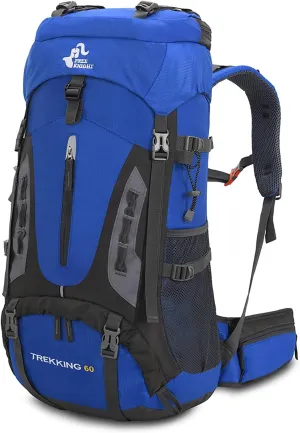 60L Hiking Camping Backpack with Rain Cover, Waterproof Large Capacity Outdoor Sport Travel Daypack Climbing Touring (Blue)
