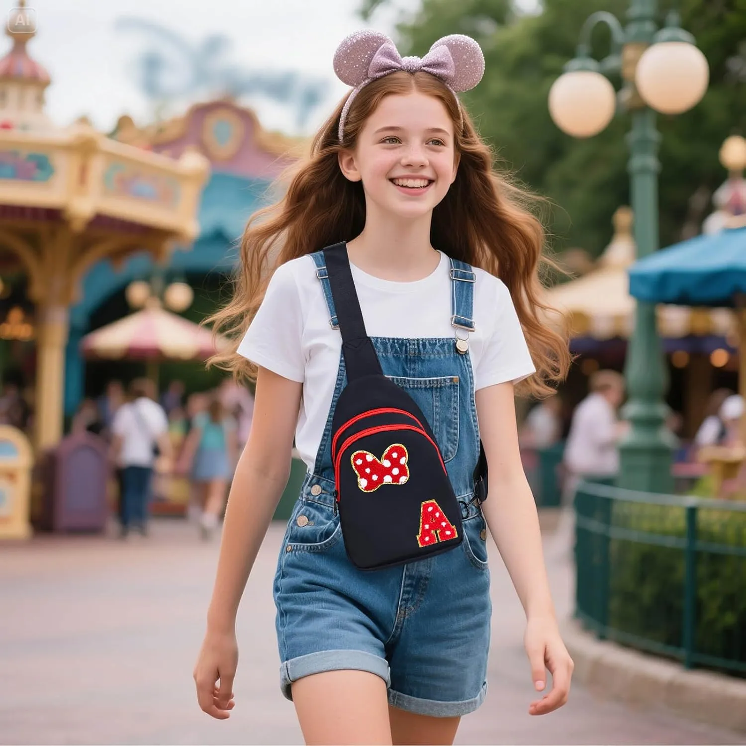 7 8 9 10 11 12 13 14 Year Old Girl Birthday Gifts, Black Initial Bow Mouse Park Small Sling Bag for Girls Daughter Women, Teen Girl Gifts Trendy Stuff Crossbody Fanny Pack Must Haves for Park Travel A