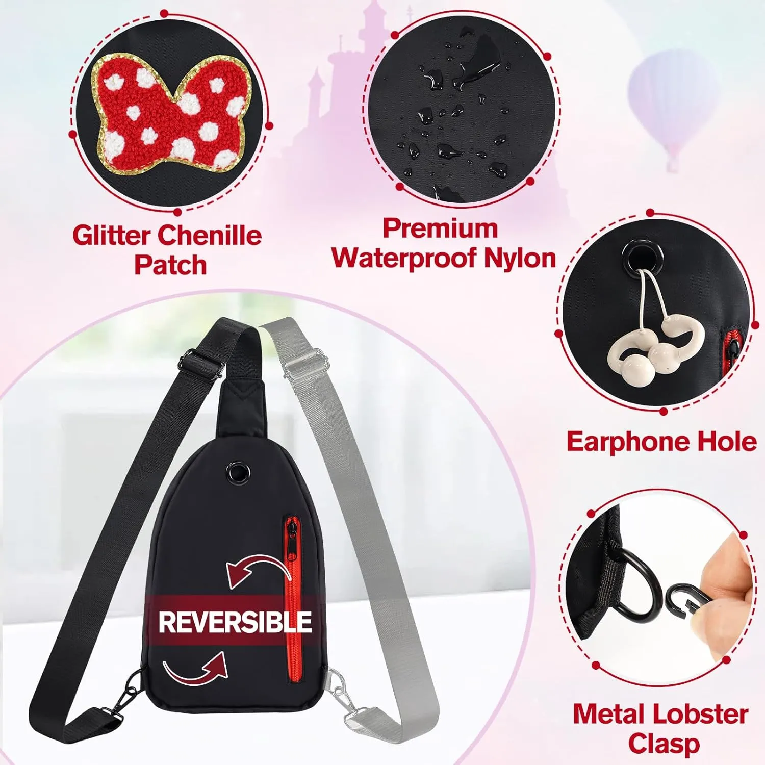 7 8 9 10 11 12 13 14 Year Old Girl Birthday Gifts, Black Initial Bow Mouse Park Small Sling Bag for Girls Daughter Women, Teen Girl Gifts Trendy Stuff Crossbody Fanny Pack Must Haves for Park Travel A