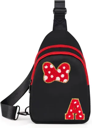 7 8 9 10 11 12 13 14 Year Old Girl Birthday Gifts, Black Initial Bow Mouse Park Small Sling Bag for Girls Daughter Women, Teen Girl Gifts Trendy Stuff Crossbody Fanny Pack Must Haves for Park Travel A