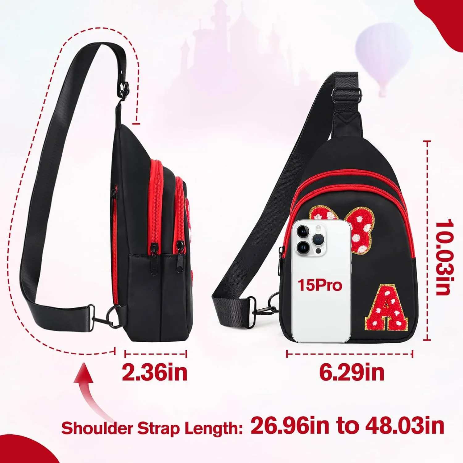 7 8 9 10 11 12 13 14 Year Old Girl Birthday Gifts, Black Initial Bow Mouse Park Small Sling Bag for Girls Daughter Women, Teen Girl Gifts Trendy Stuff Crossbody Fanny Pack Must Haves for Park Travel A