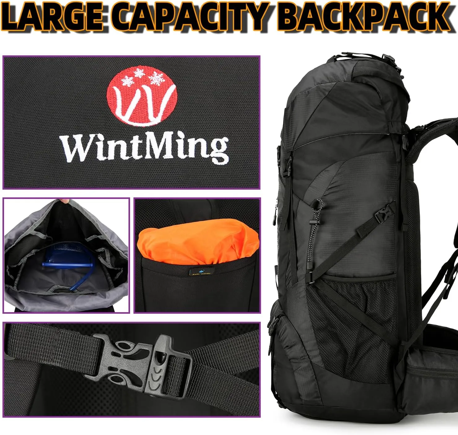 75L Hiking Backpack for Men Women Daypack Backpack Outdoor Waterproof Camping Backpack with Rain Cover (Black)