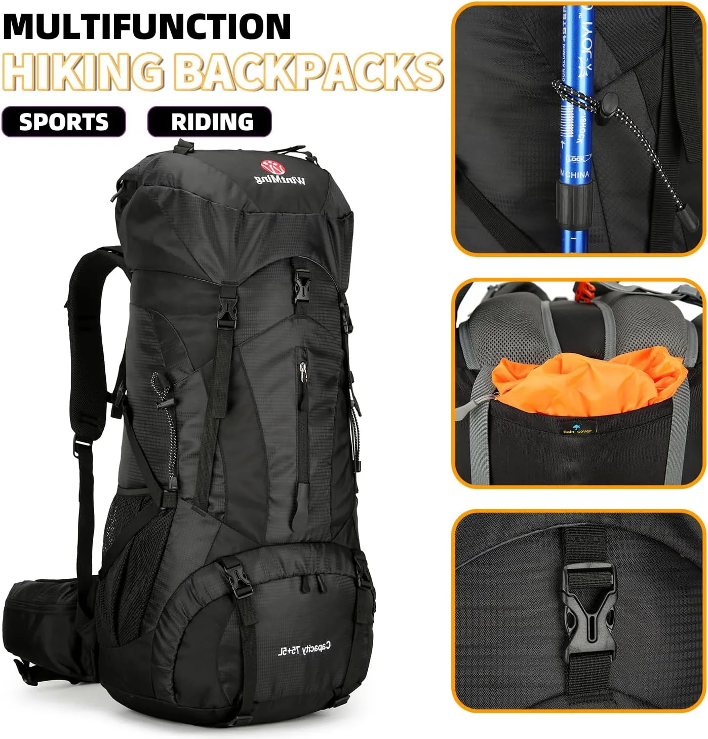 75L Hiking Backpack for Men Women Daypack Backpack Outdoor Waterproof Camping Backpack with Rain Cover (Black)