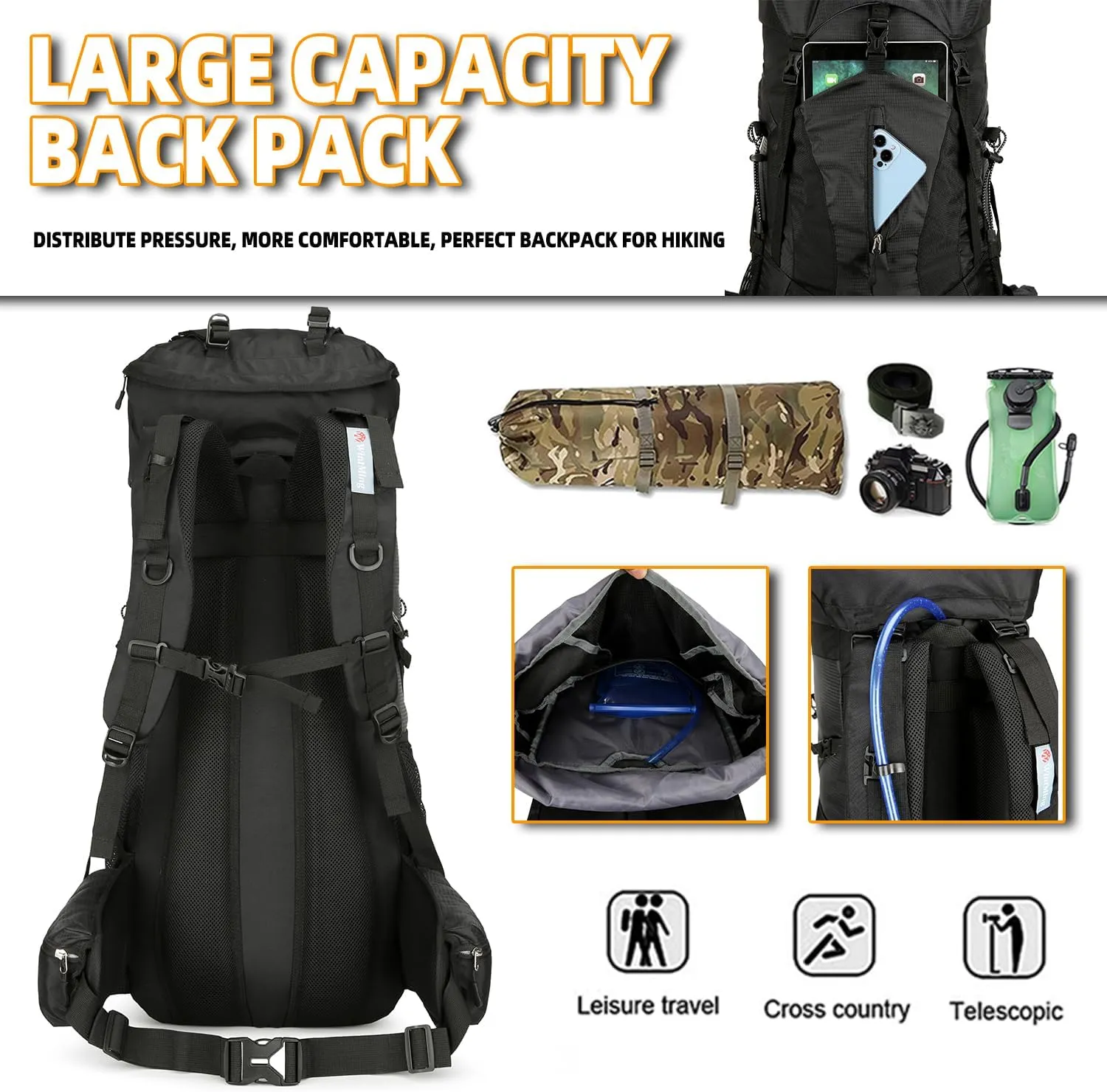 75L Hiking Backpack for Men Women Daypack Backpack Outdoor Waterproof Camping Backpack with Rain Cover (Black)