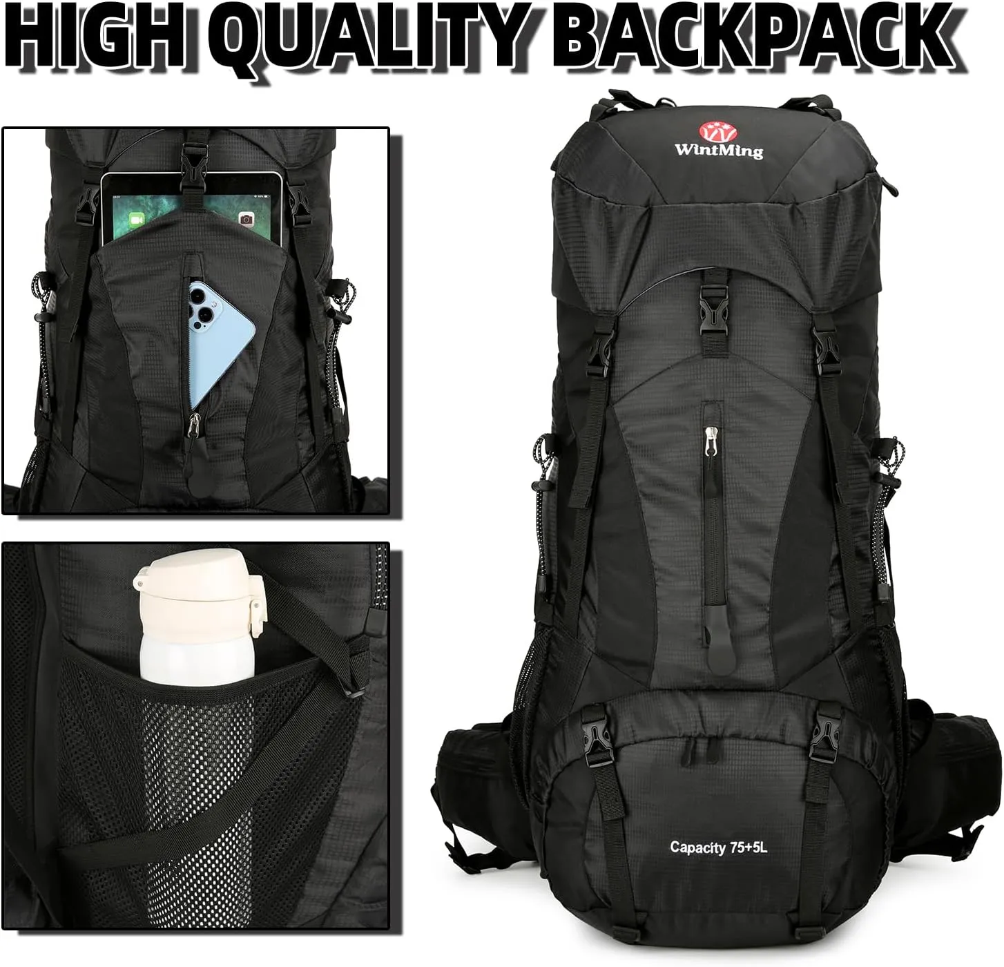 75L Hiking Backpack for Men Women Daypack Backpack Outdoor Waterproof Camping Backpack with Rain Cover (Black)