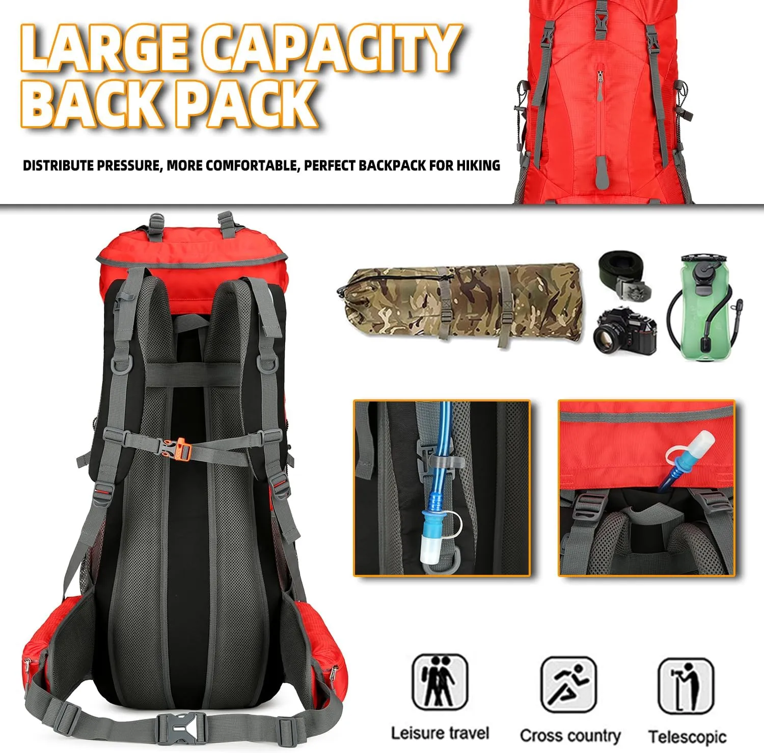 75L Hiking Backpack for Men Women Daypack Backpack Outdoor Waterproof Camping Backpack with Rain Cover (Red)