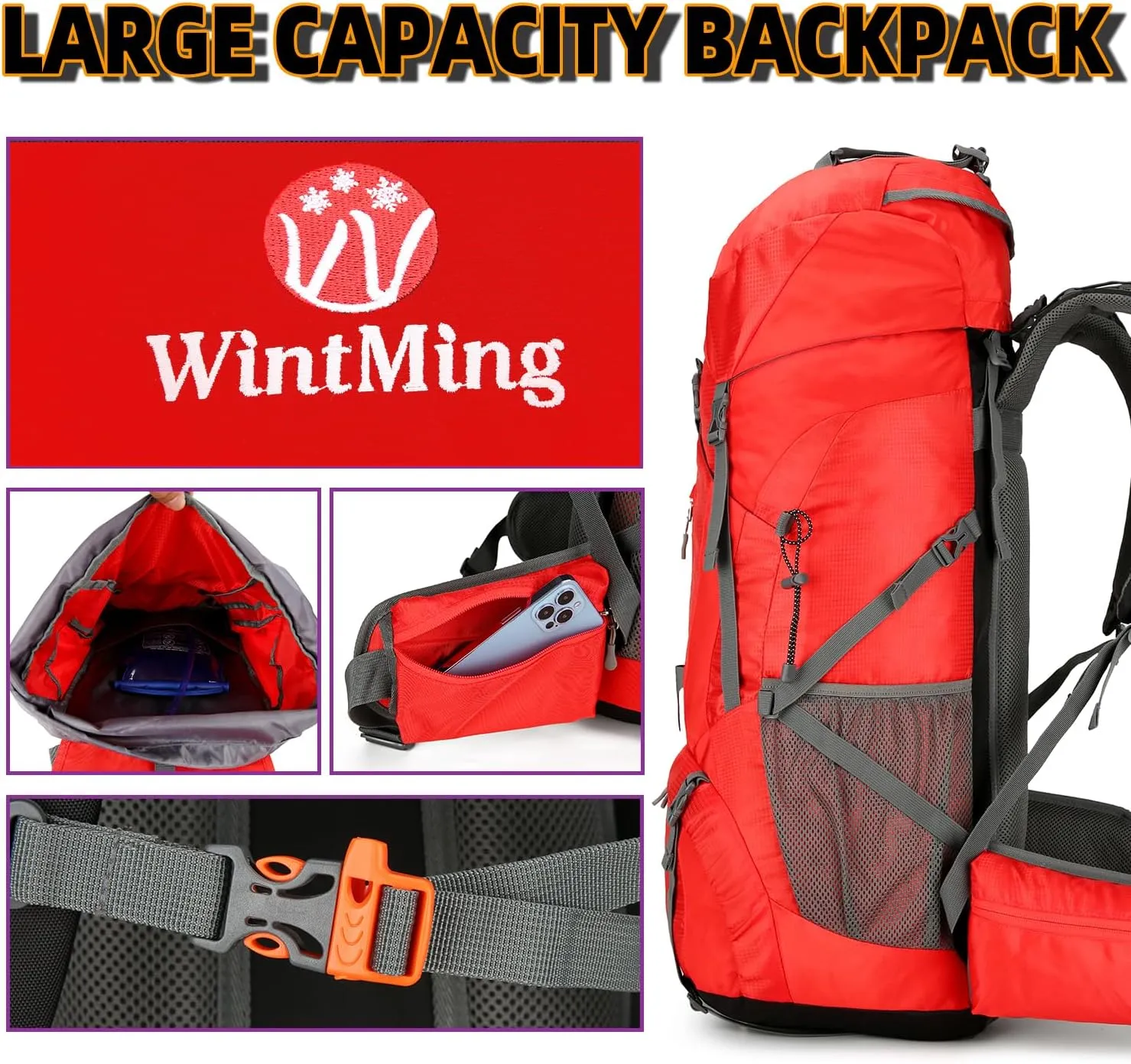 75L Hiking Backpack for Men Women Daypack Backpack Outdoor Waterproof Camping Backpack with Rain Cover (Red)