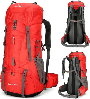 75L Hiking Backpack for Men Women Daypack Backpack Outdoor Waterproof Camping Backpack with Rain Cover (Red)