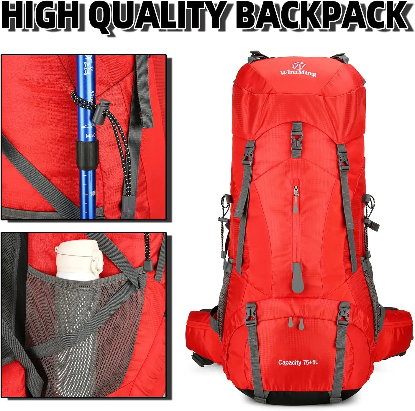 75L Hiking Backpack for Men Women Daypack Backpack Outdoor Waterproof Camping Backpack with Rain Cover (Red)