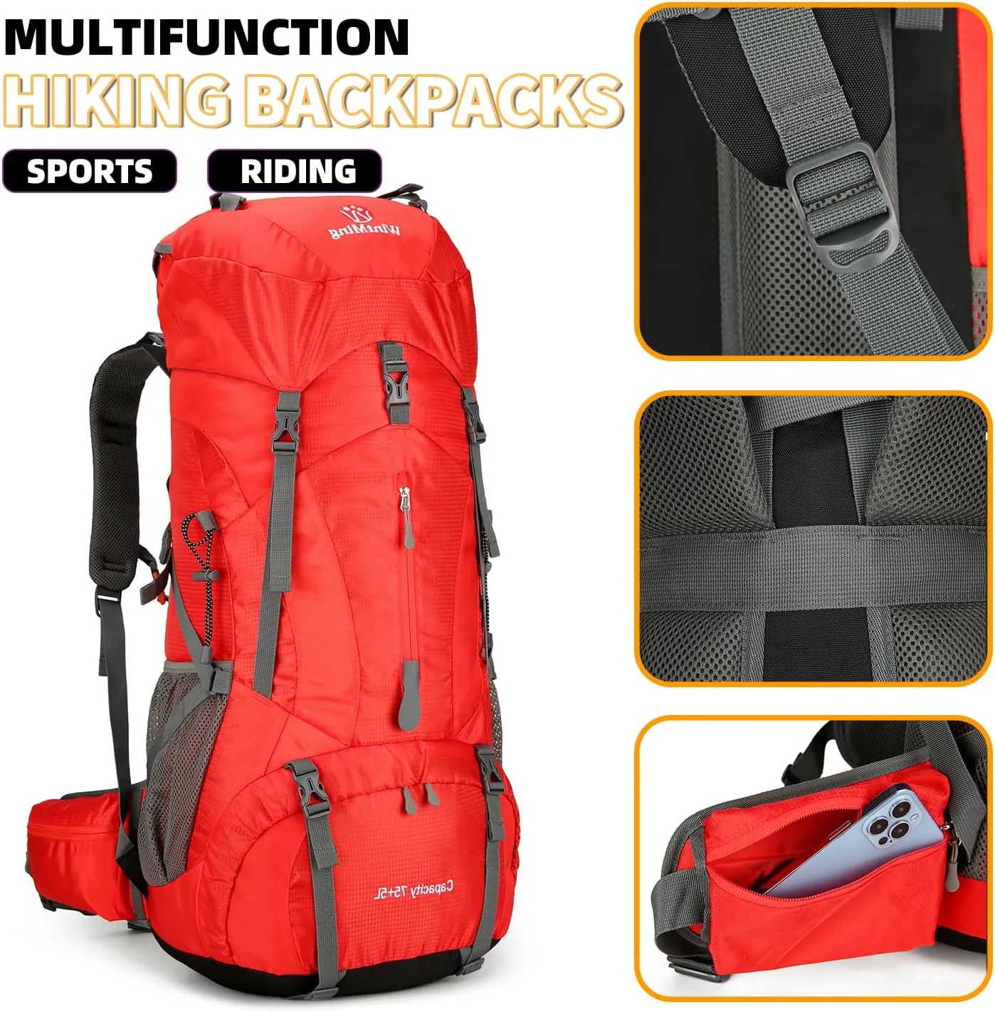 75L Hiking Backpack for Men Women Daypack Backpack Outdoor Waterproof Camping Backpack with Rain Cover (Red)