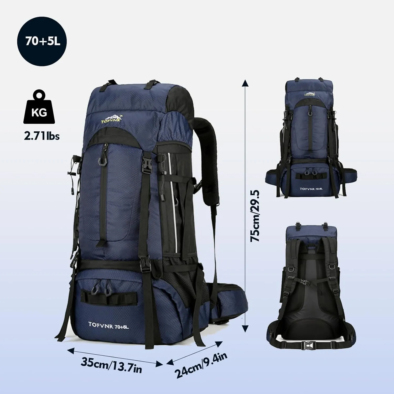 75L Hiking Backpack, Water Resistant Lightweight Outdoor Sport Daypack Travel Bag for Camping Climbing Touring (Dark Blue)