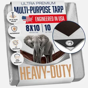 8x10 Heavy Duty Tarp, 10 Mil Thick, Waterproof, Tear & Fade Resistant, High Durability, UV Treated, Grommets Every 18 Inches. (Silver/Brown - Reversible) (8 x 10 Feet)