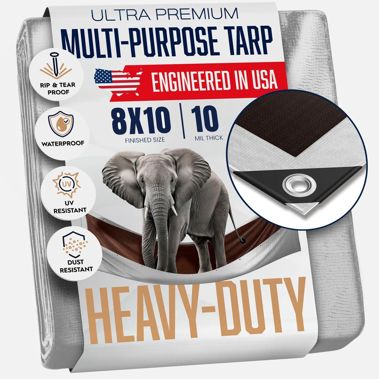 8x10 Heavy Duty Tarp, 10 Mil Thick, Waterproof, Tear & Fade Resistant, High Durability, UV Treated, Grommets Every 18 Inches. (Silver/Brown - Reversible) (8 x 10 Feet)