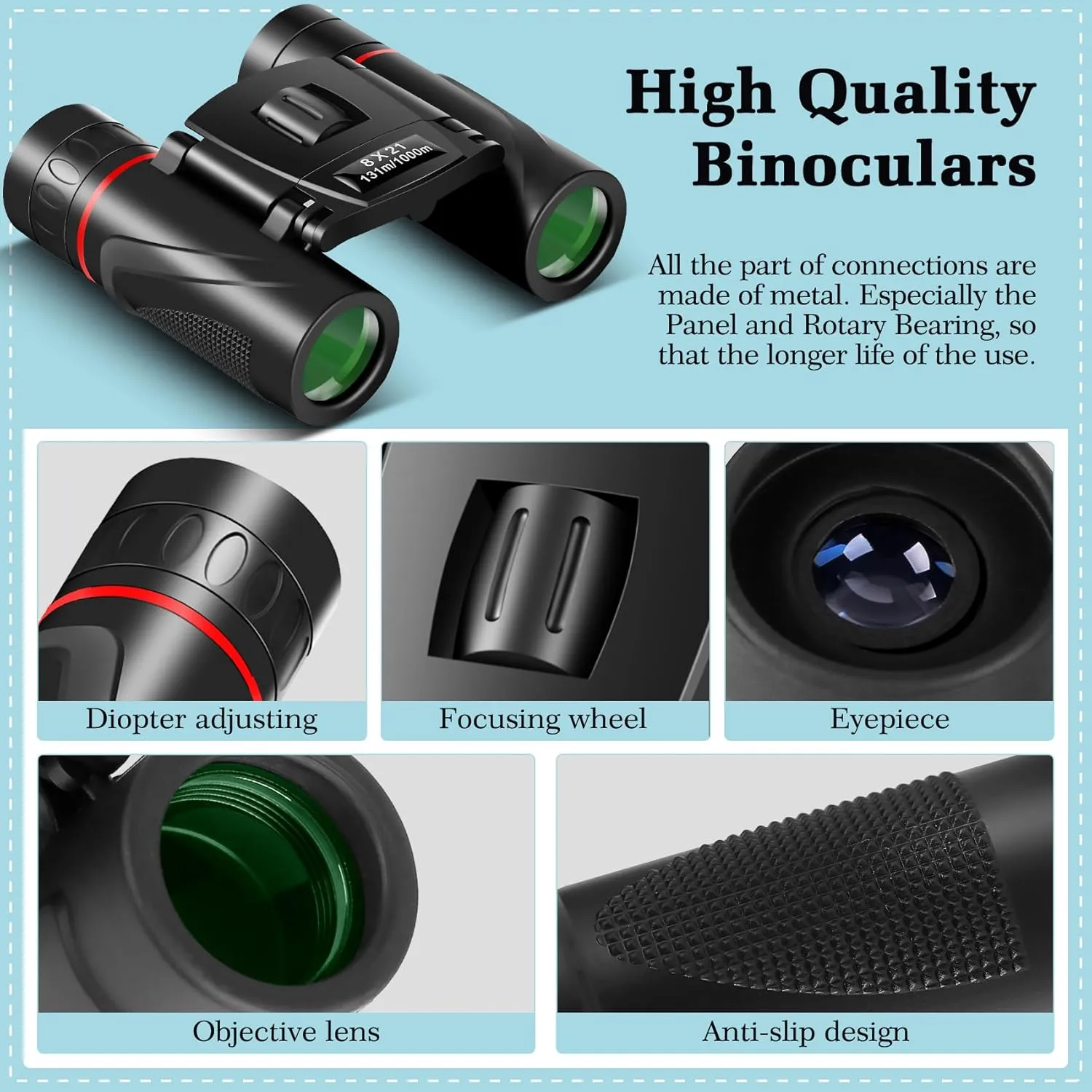 8x21 Mini Lightweight Binoculars, Compact Pocket Binocularsfor Adults Kids, Small Protable Binoculars for Bird Watching Travel Opera Theater Sports Scenery (Red)