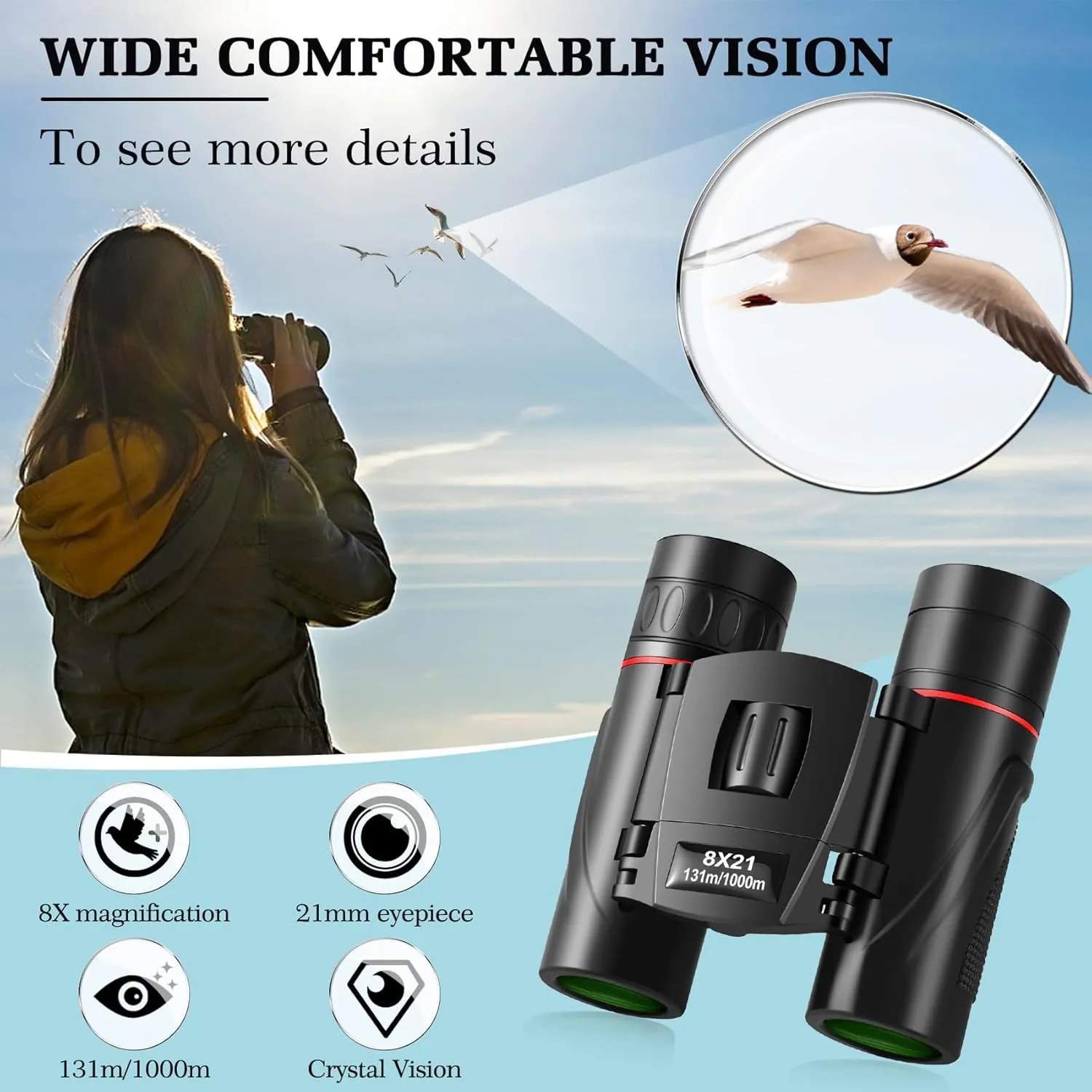 8x21 Mini Lightweight Binoculars, Compact Pocket Binocularsfor Adults Kids, Small Protable Binoculars for Bird Watching Travel Opera Theater Sports Scenery (Red)