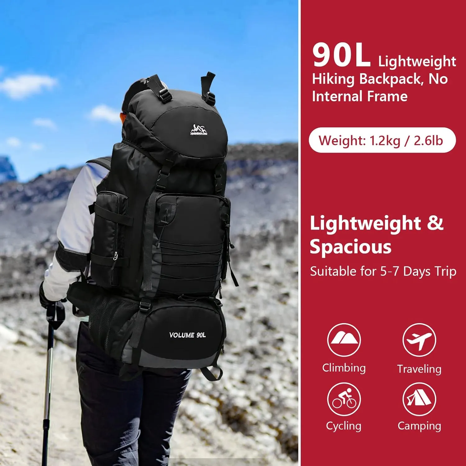 90L Hiking Backpack, Waterproof Camping Bag with Rain Cover, Lightweight Backpacking Back Pack