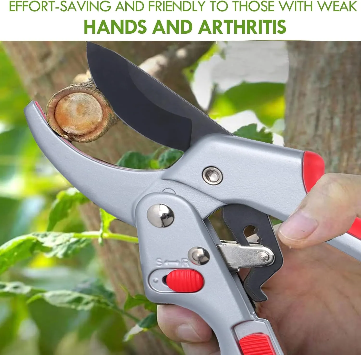 Adjustable Germany Pruners, Arthritis Weak Hand Snips, Work 3 Times Easier, 1-Inch Cut Capacity Garden Clippers, Ergonomic handle, Rust resistant, high strength steel, Sharp