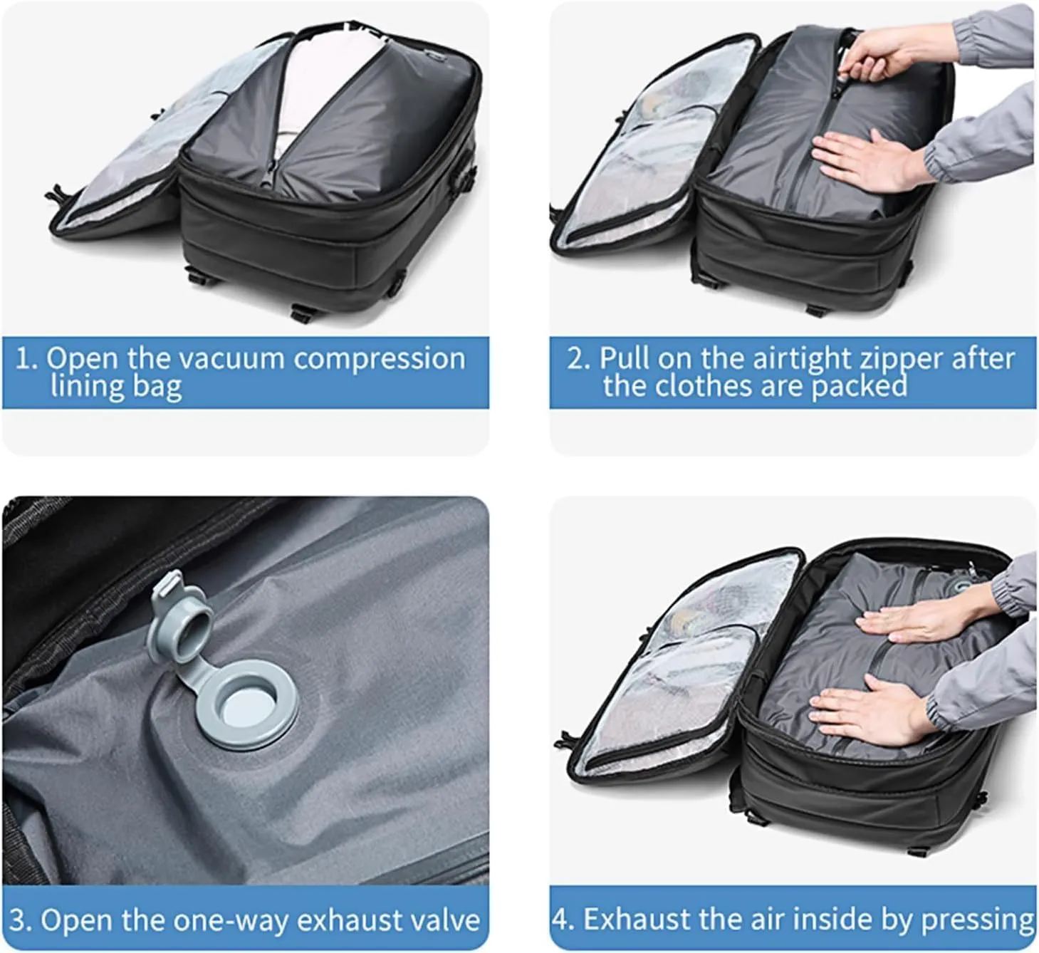 Airback Backpack with Pump 60L Expandable Vacuum Seal Compression Travel Backpacks Water Resistant 17 inch School Laptop Backpack for Airplane(Black, With Air Pump)