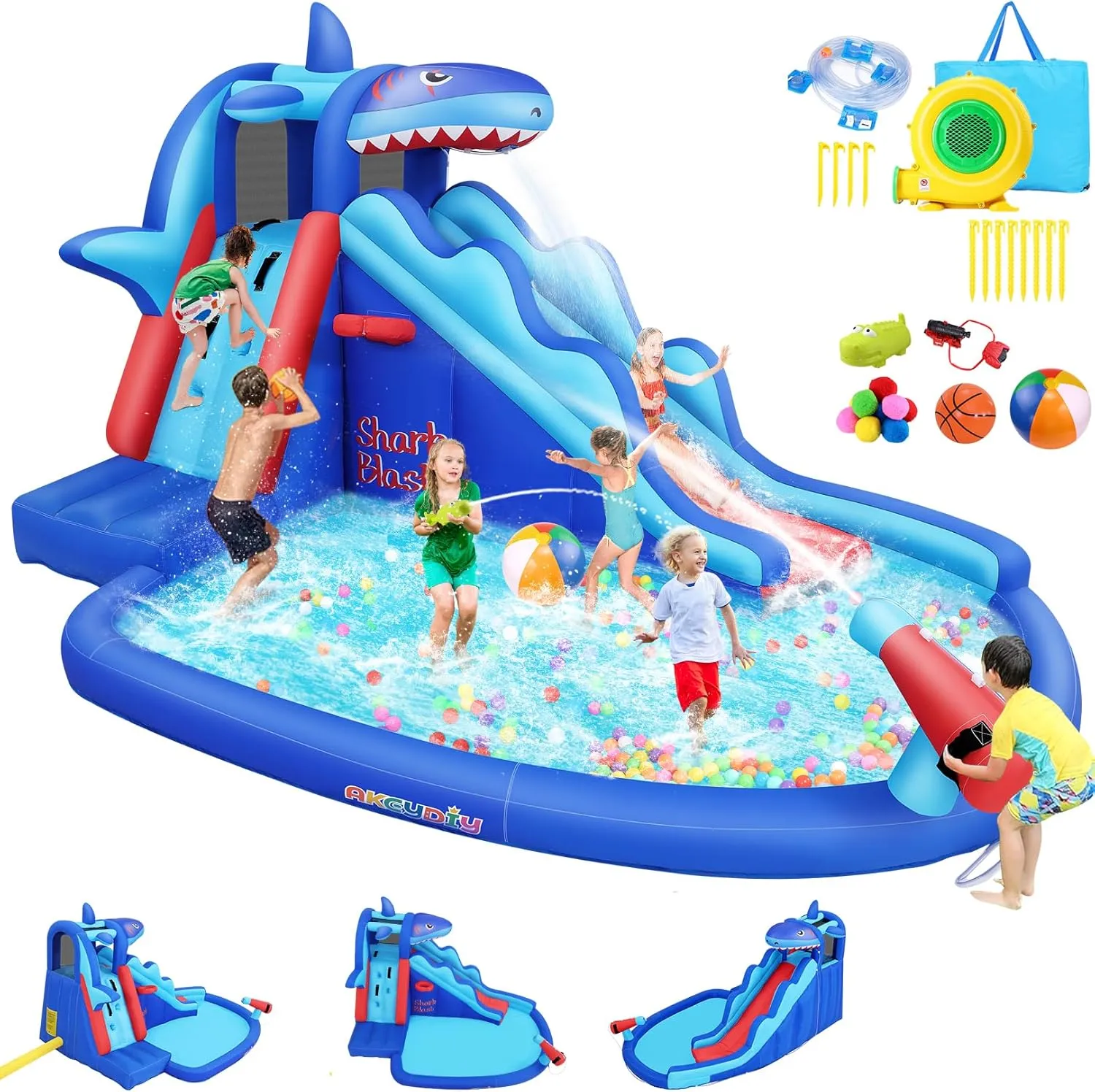 AKEYDIY Inflatable Water Slides for Kids, Inflatable Water Park with Climbing, Basketball Rim, Splash Pool, Water Cannon, Blow up Water Slides for Kids Backyard (Bounce House A2)